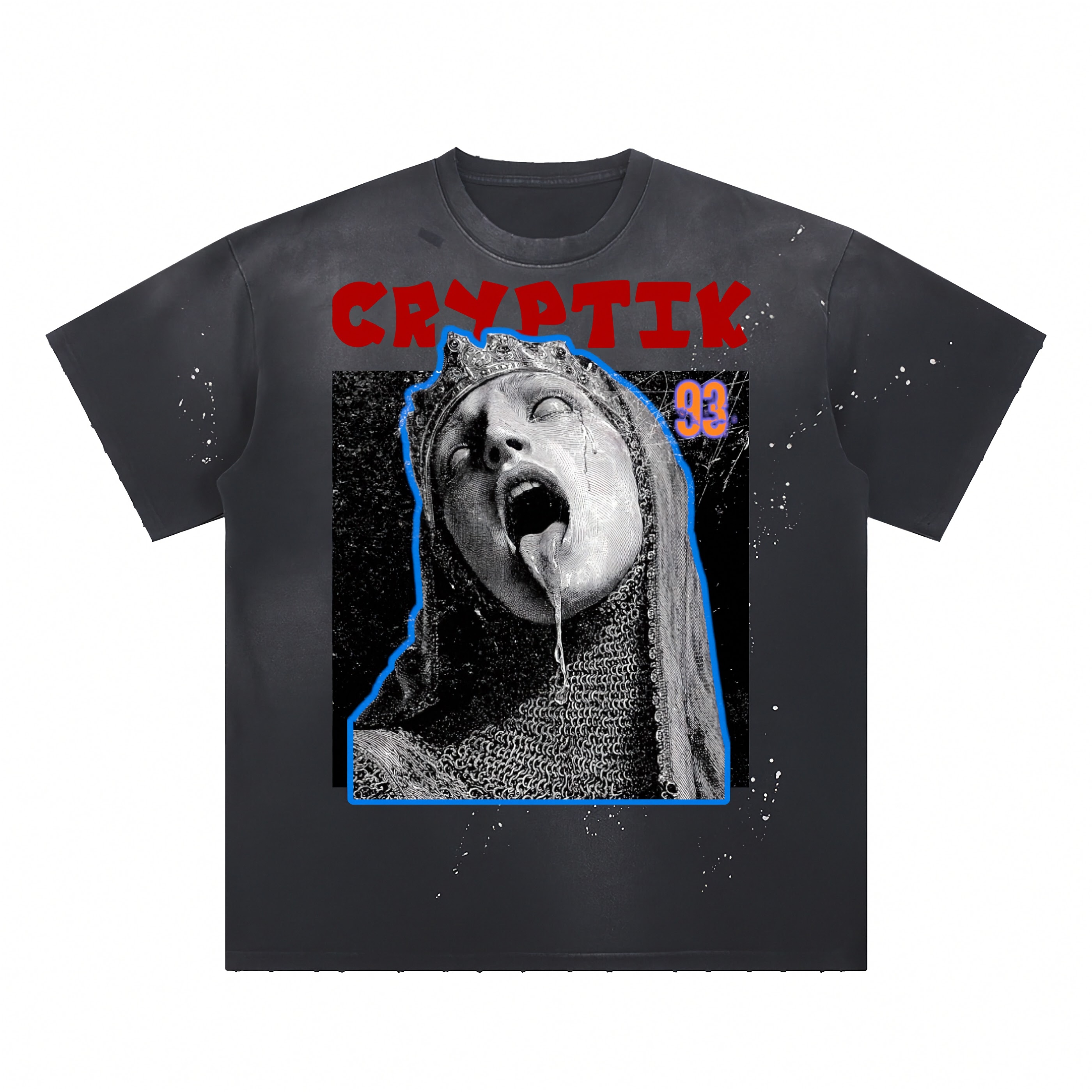 CRYPTIK93 Erotic Hand-Frayed Sunfade Paint Splatter T-Shirt