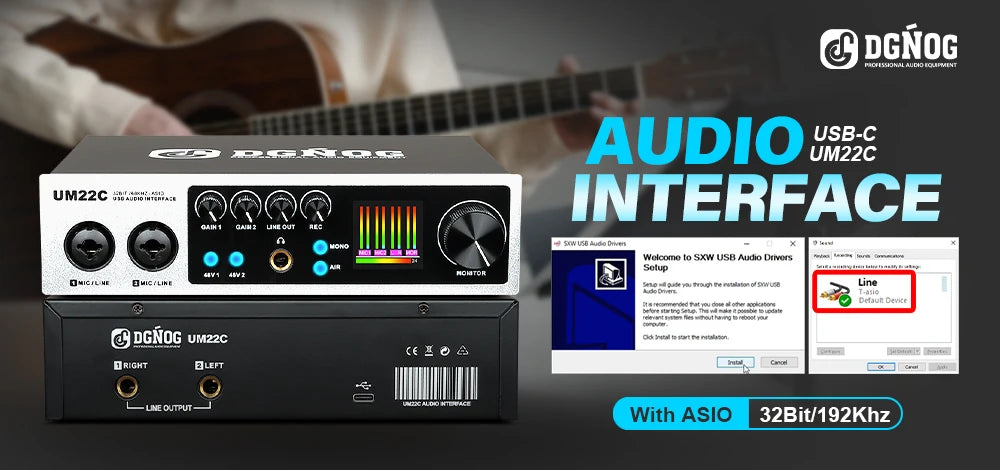 UC22 Audio Interface Sound Card 24-bit/192KHz AD Converter, Electric Guitar Live Recording Professional Studio Singing, Podcast