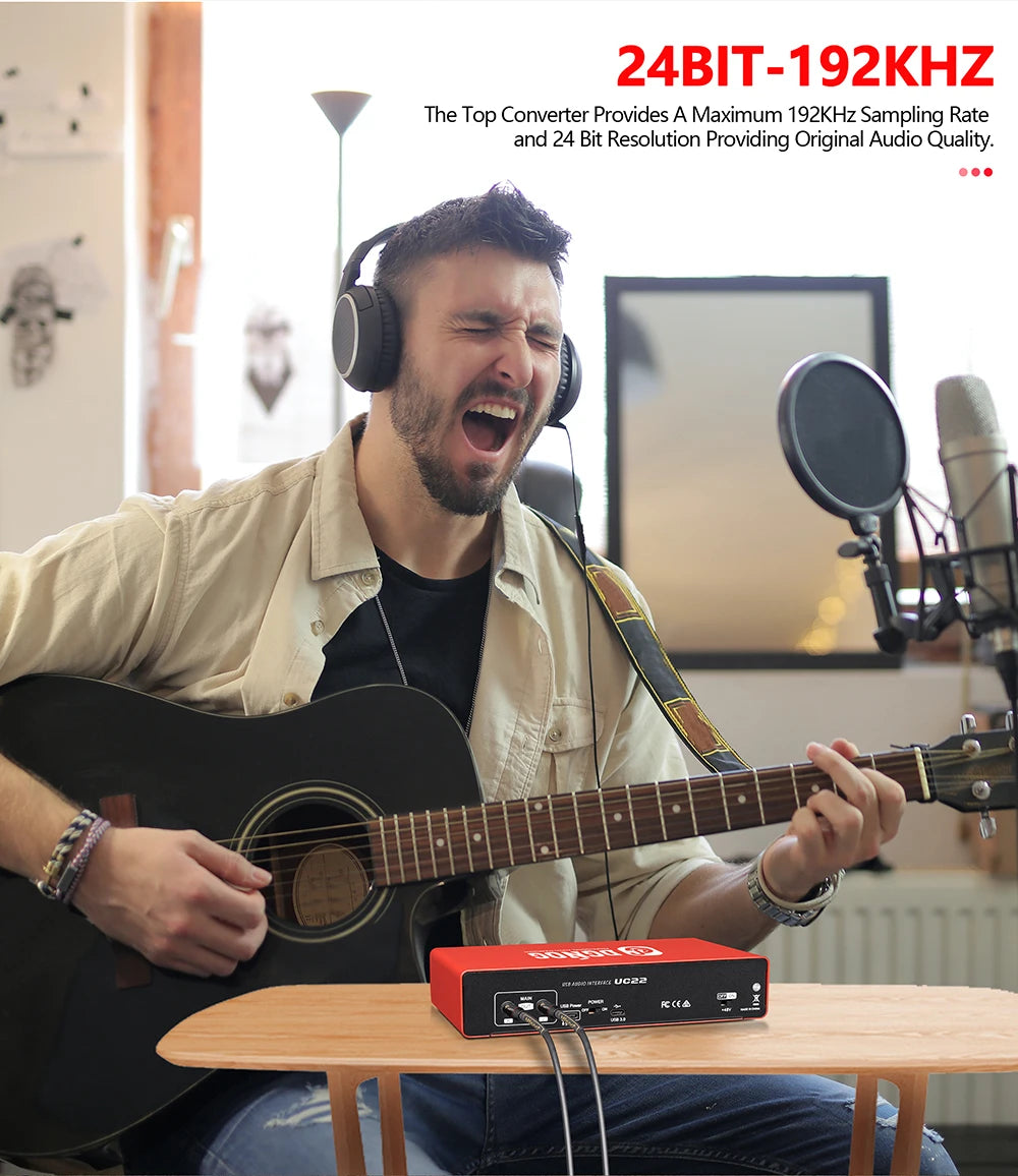 UC22 Audio Interface Sound Card 24-bit/192KHz AD Converter, Electric Guitar Live Recording Professional Studio Singing, Podcast