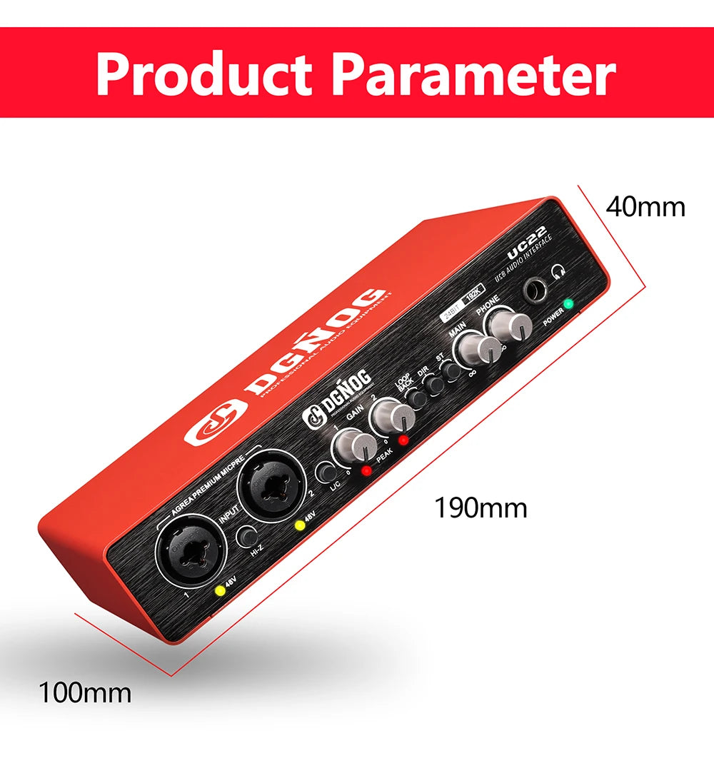 UC22 Audio Interface Sound Card 24-bit/192KHz AD Converter, Electric Guitar Live Recording Professional Studio Singing, Podcast