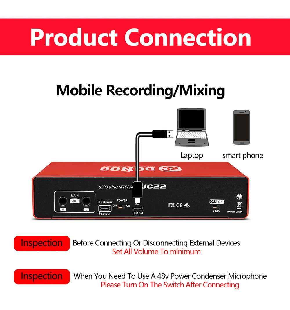 UC22 Audio Interface Sound Card 24-bit/192KHz AD Converter, Electric Guitar Live Recording Professional Studio Singing, Podcast
