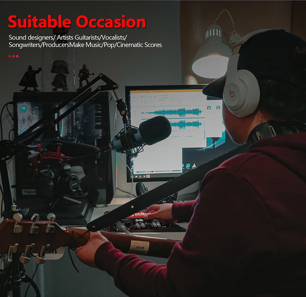 UC22 Audio Interface Sound Card 24-bit/192KHz AD Converter, Electric Guitar Live Recording Professional Studio Singing, Podcast