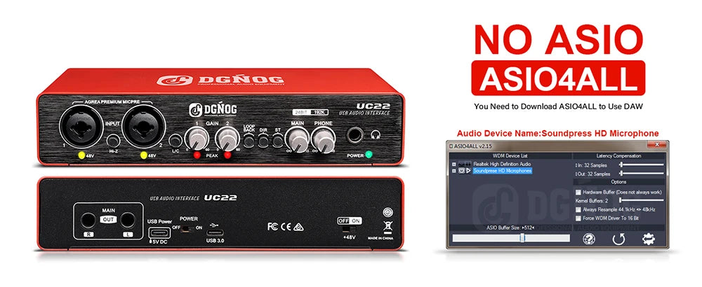 UC22 Audio Interface Sound Card 24-bit/192KHz AD Converter, Electric Guitar Live Recording Professional Studio Singing, Podcast