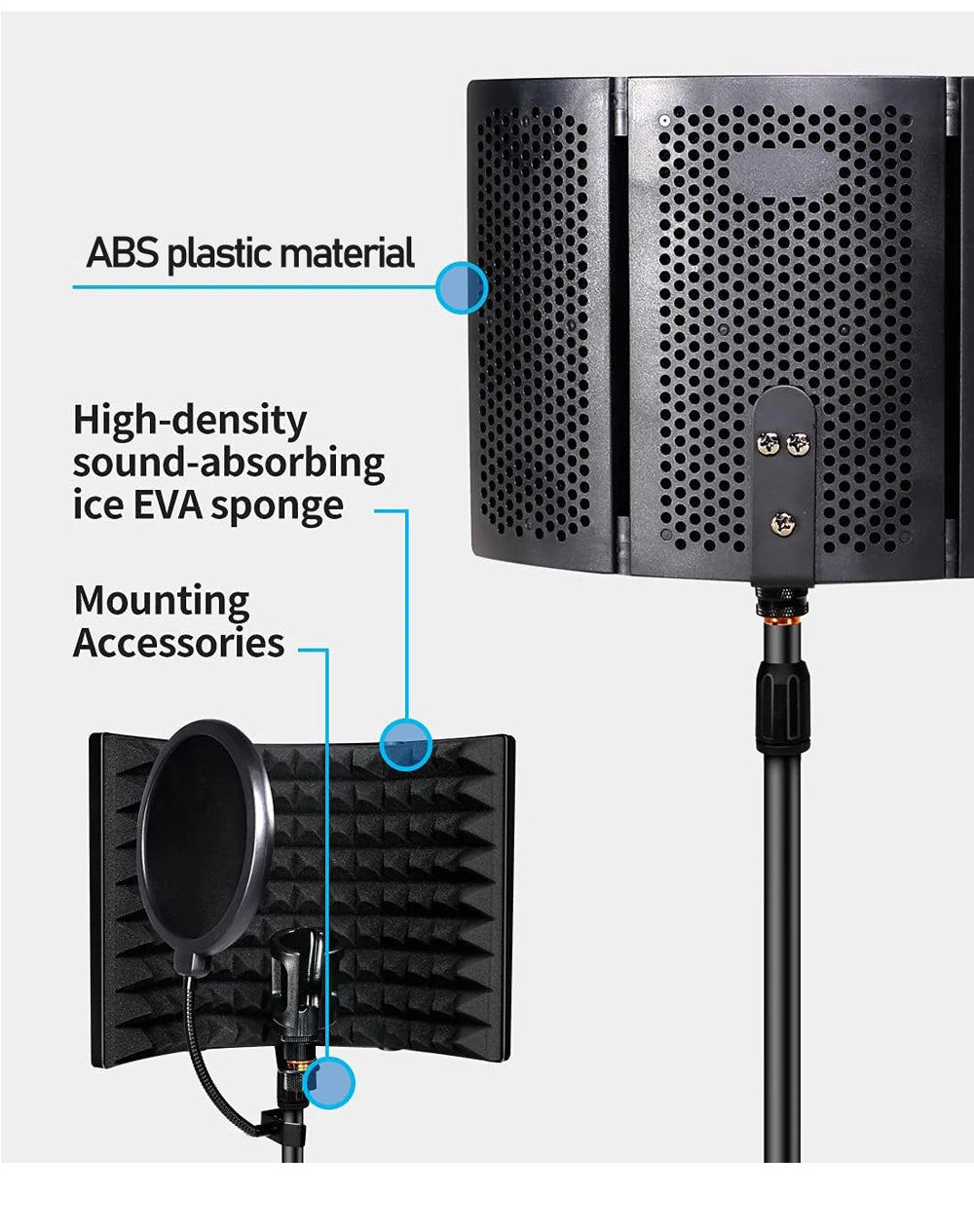 Microphone isolation hood, foldable microphone shield with triple sound isolation, suitable for microphone recording equipment