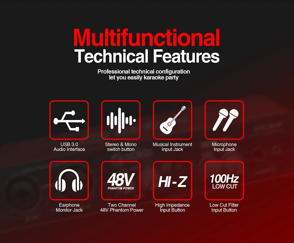 UC22 Audio Interface Sound Card 24-bit/192KHz AD Converter, Electric Guitar Live Recording Professional Studio Singing, Podcast