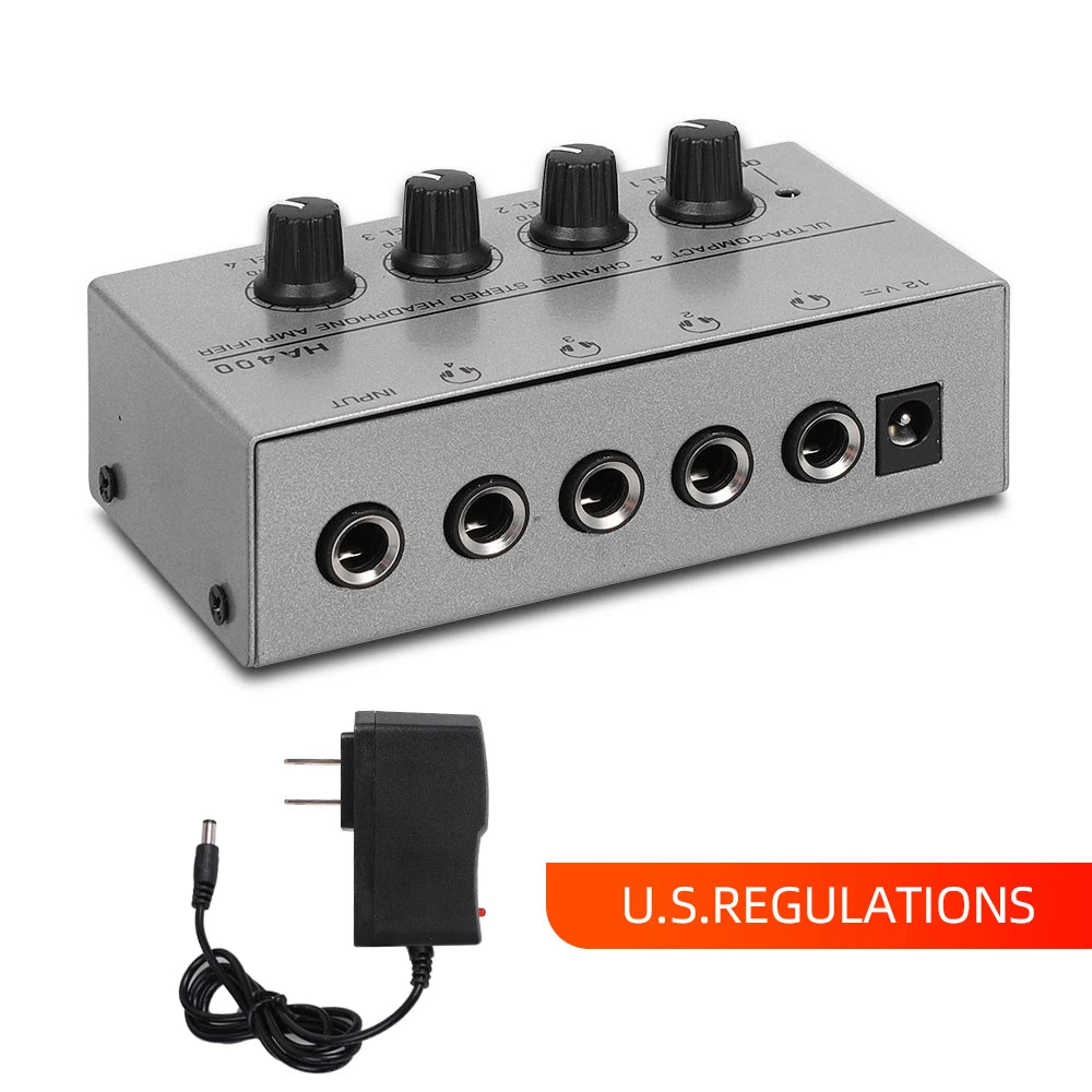 HA400 Mini Amplifier Headphone Amplifier 4 Channels Ultra-Compact Stereo Audio Amplifier Earphone Amplifier With Power Adapter