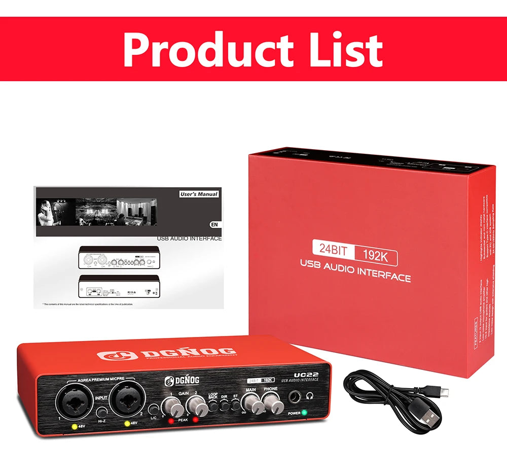 UC22 Audio Interface Sound Card 24-bit/192KHz AD Converter, Electric Guitar Live Recording Professional Studio Singing, Podcast
