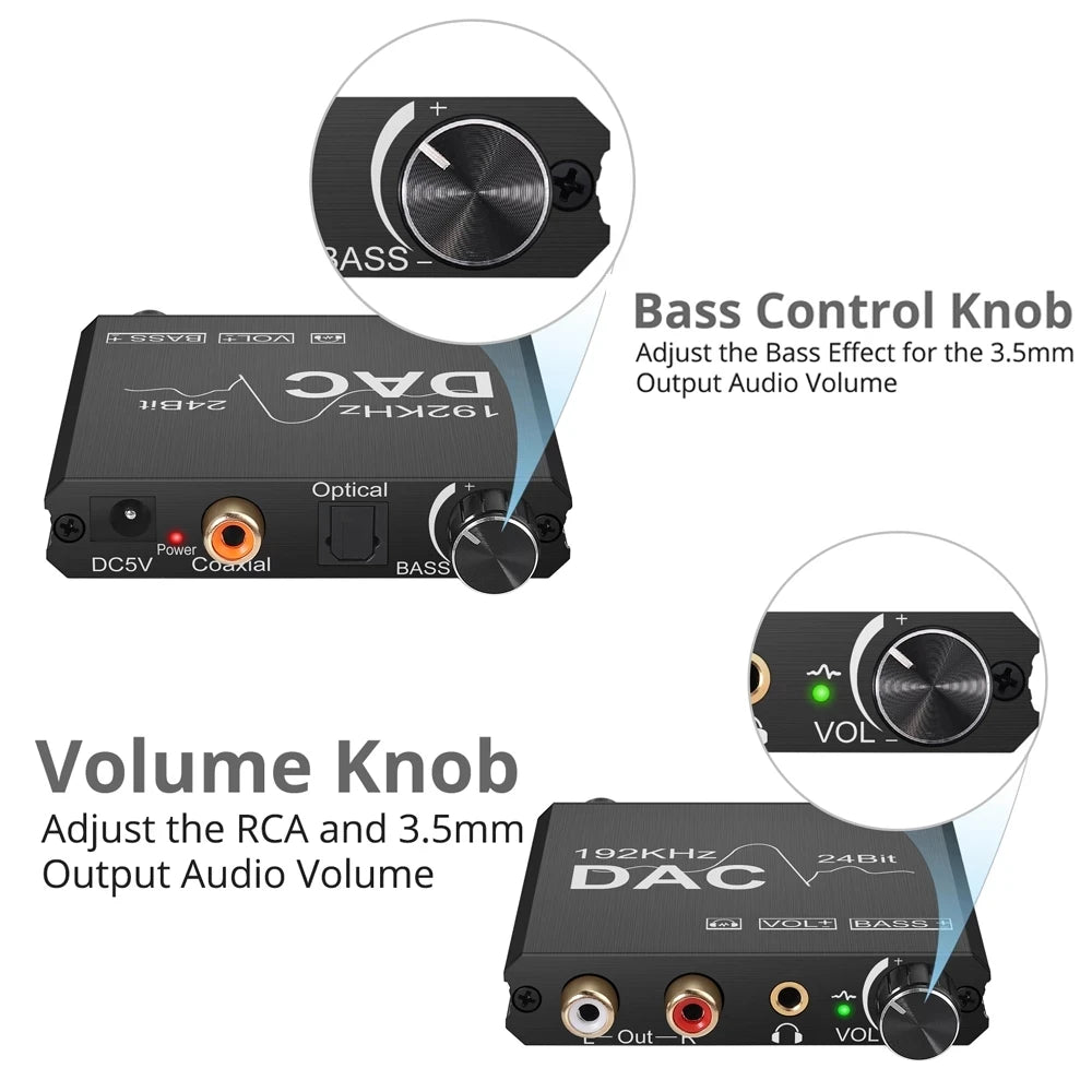 192KHz/24Bit DAC Digital to Analog Audio Converter Digital SPDIF Optical Toslink Coaxial to Analog Stereo L/R RCA and 3.5mm Jack