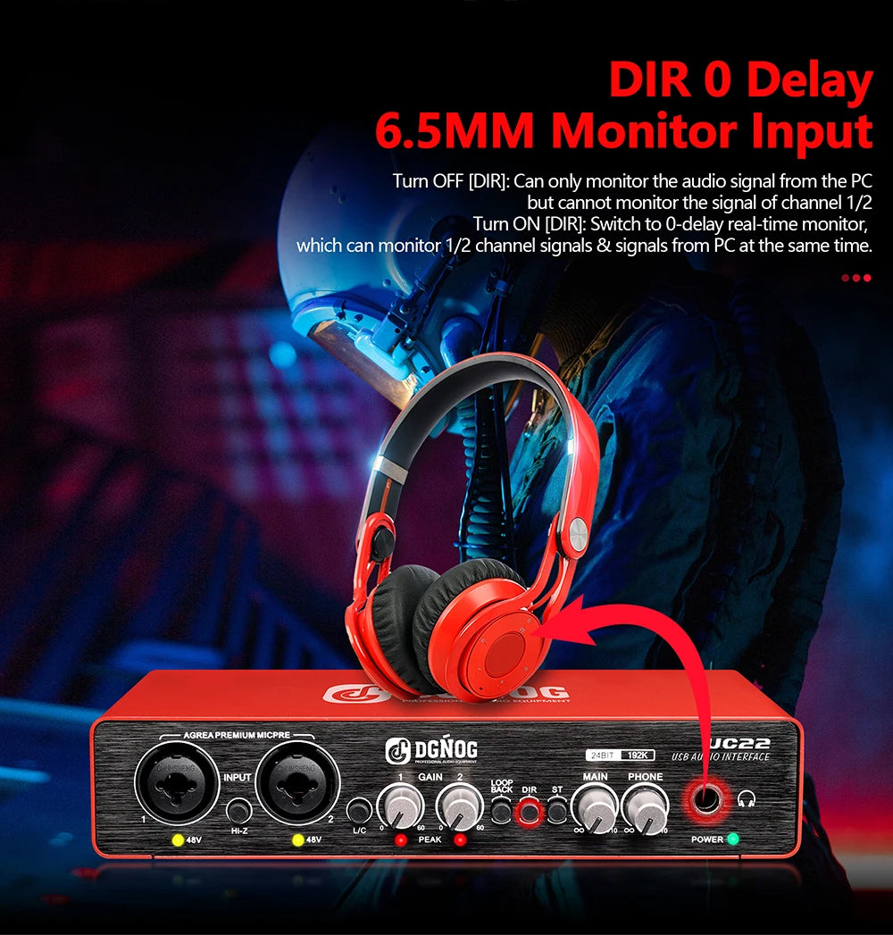 UC22 Audio Interface Sound Card 24-bit/192KHz AD Converter, Electric Guitar Live Recording Professional Studio Singing, Podcast