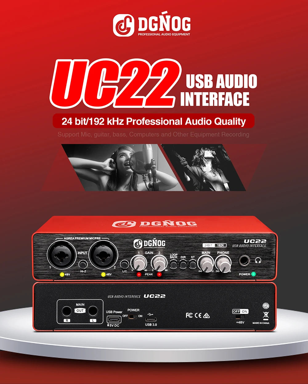 UC22 Audio Interface Sound Card 24-bit/192KHz AD Converter, Electric Guitar Live Recording Professional Studio Singing, Podcast