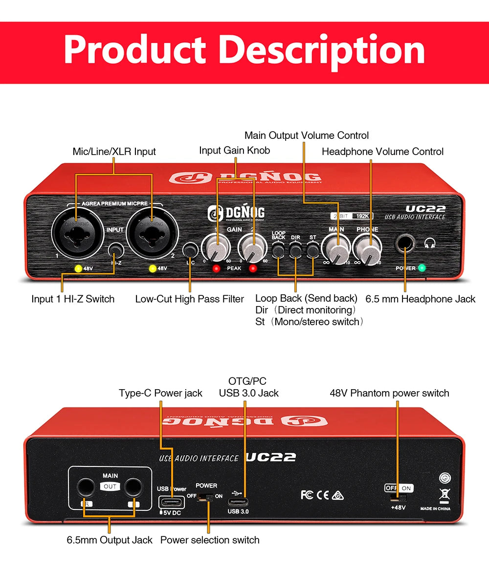 UC22 Audio Interface Sound Card 24-bit/192KHz AD Converter, Electric Guitar Live Recording Professional Studio Singing, Podcast